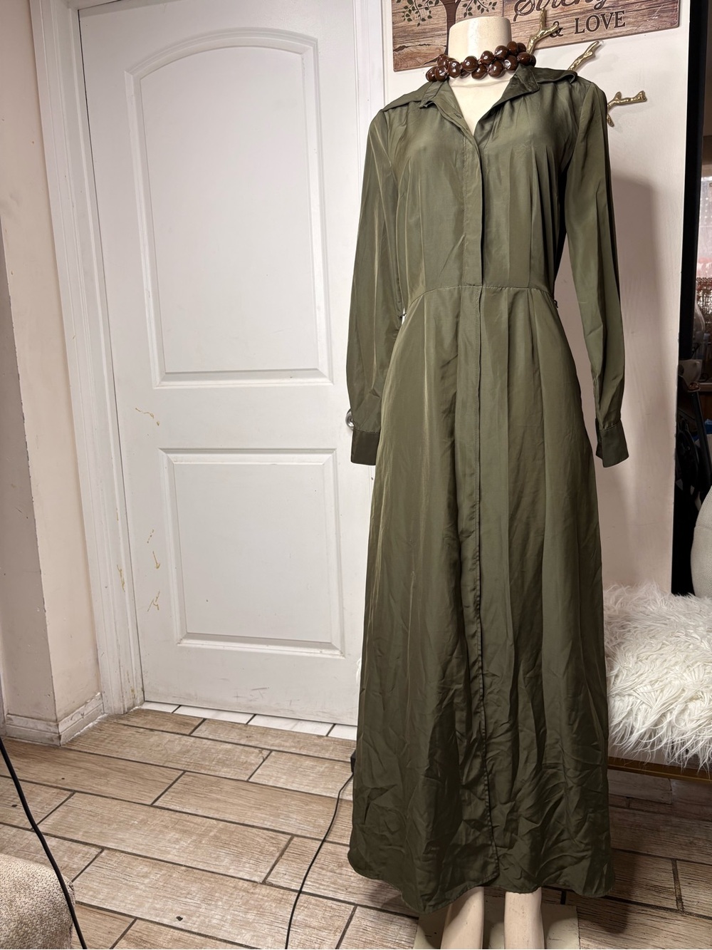 Eva Mendes Olive Green Long Sleeve Shirt Dress XS